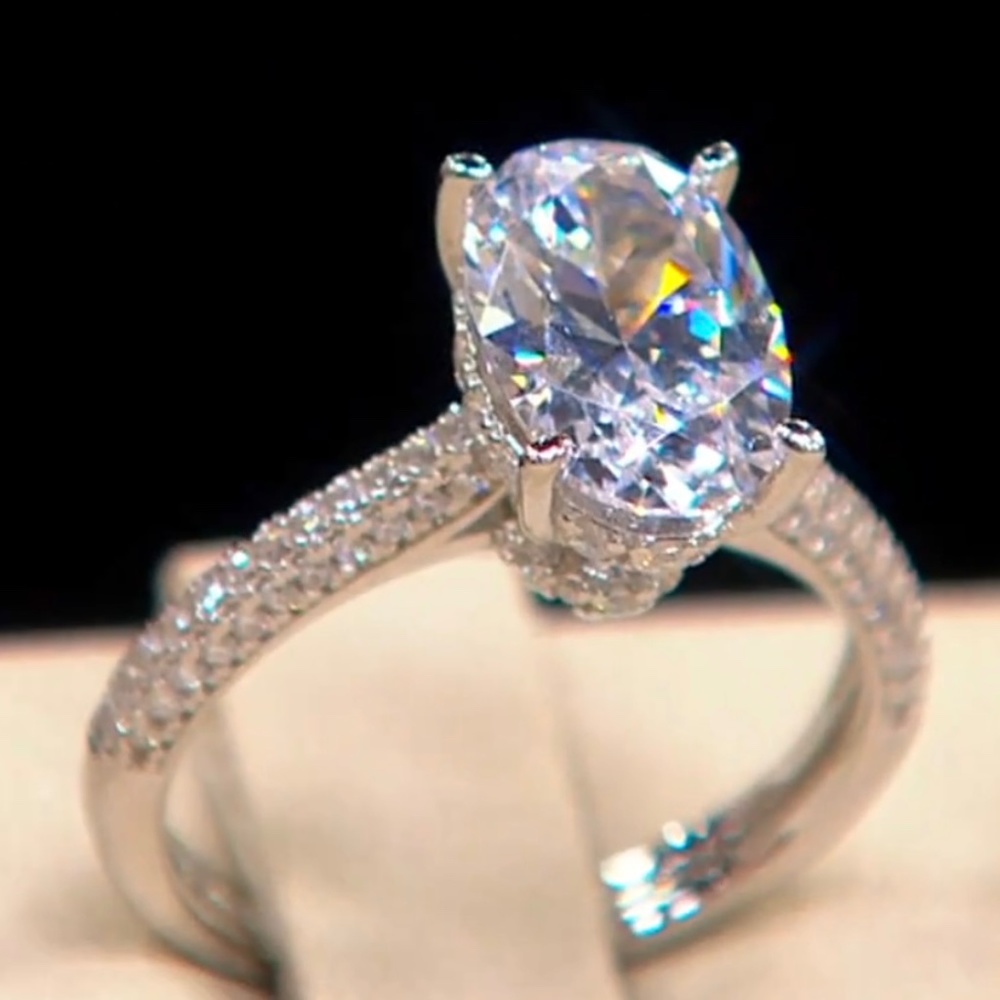 Diamonique Oval Cut Solitaire Pave Ring, Platinum Clad